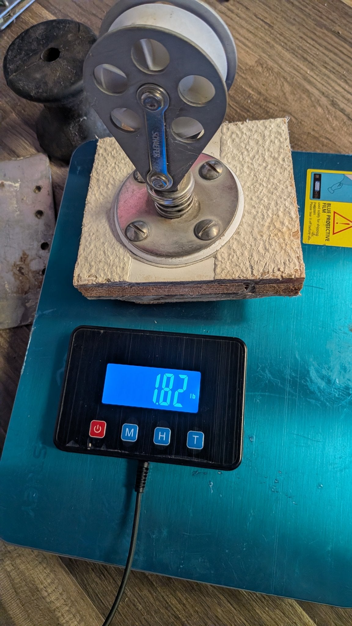 Schaefer stand-up block on scale showing 1.82 lb