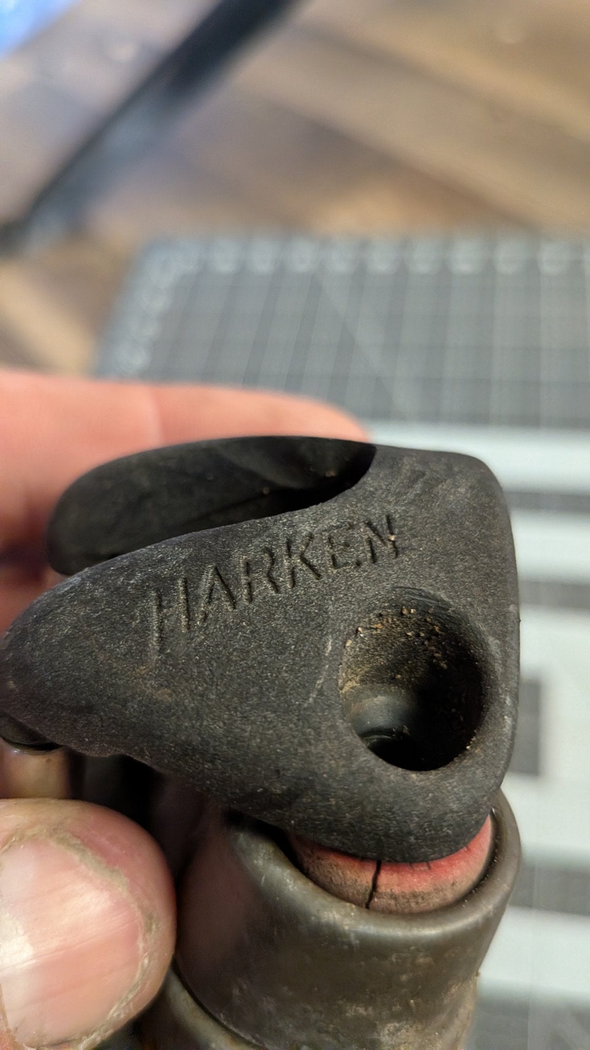 Close-up of HARKEN stamp on fairlead