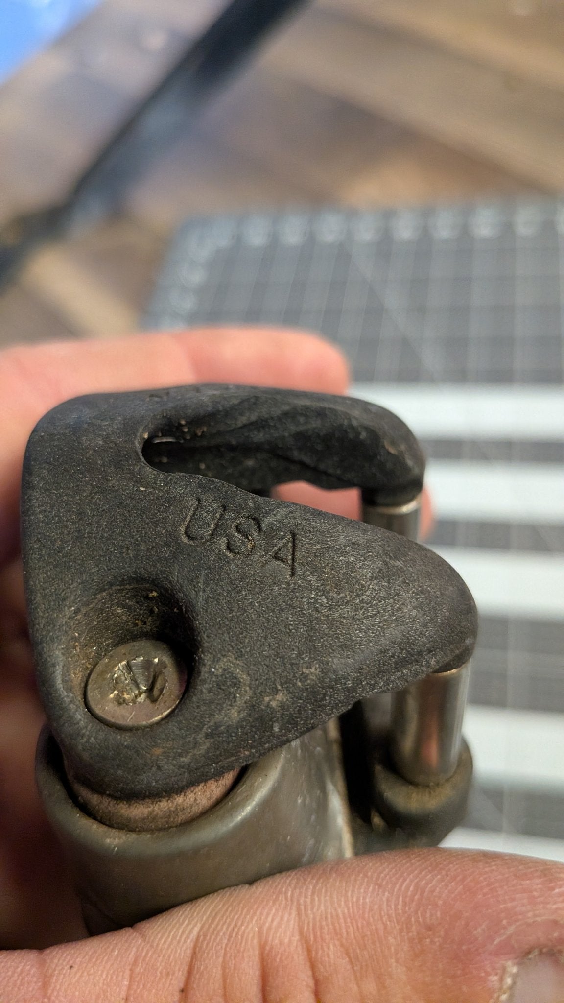 Close-up of USA stamp on fairlead