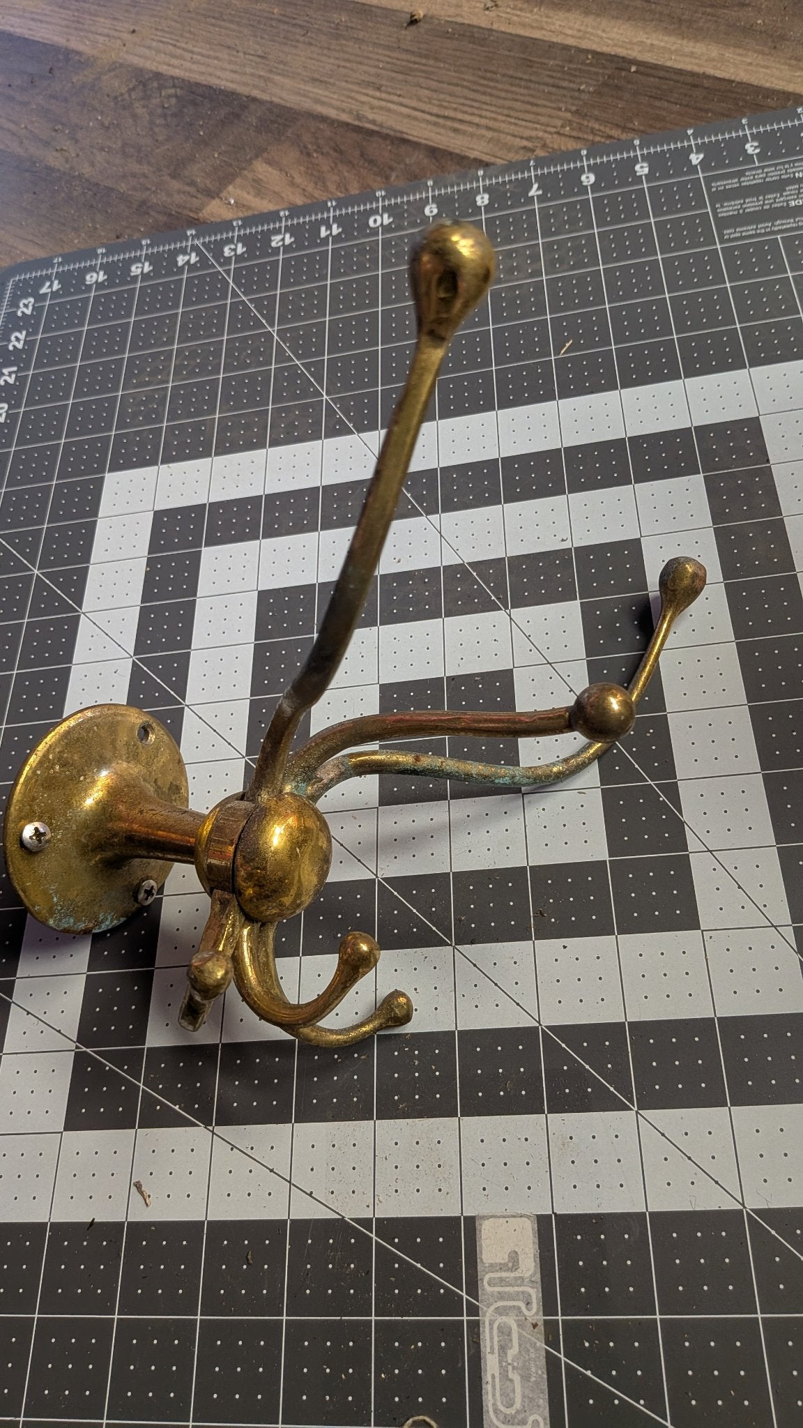 Brass coat hook mounting base view on 1-inch grid