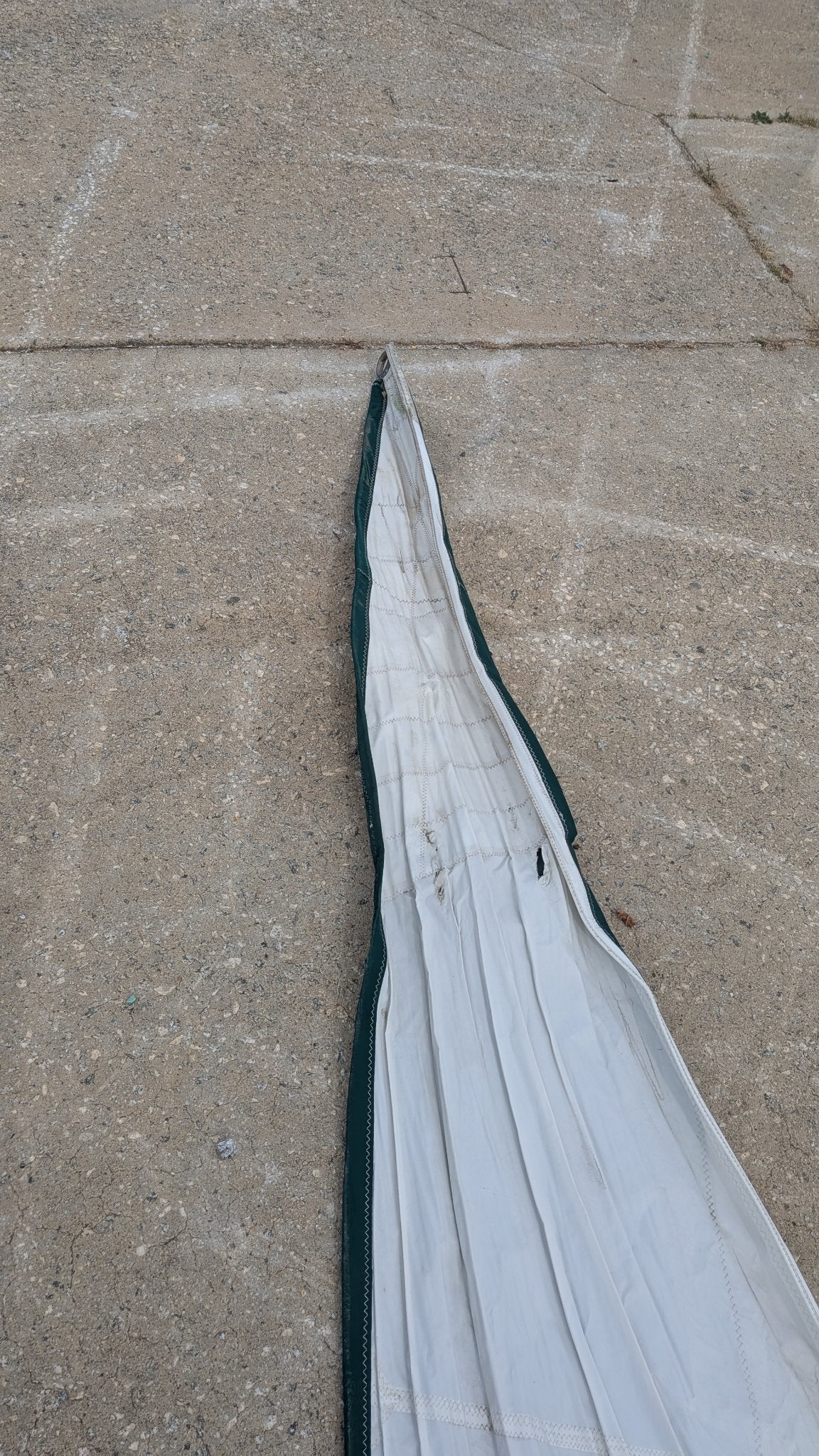 Sail folded showing the green leech and foot trim